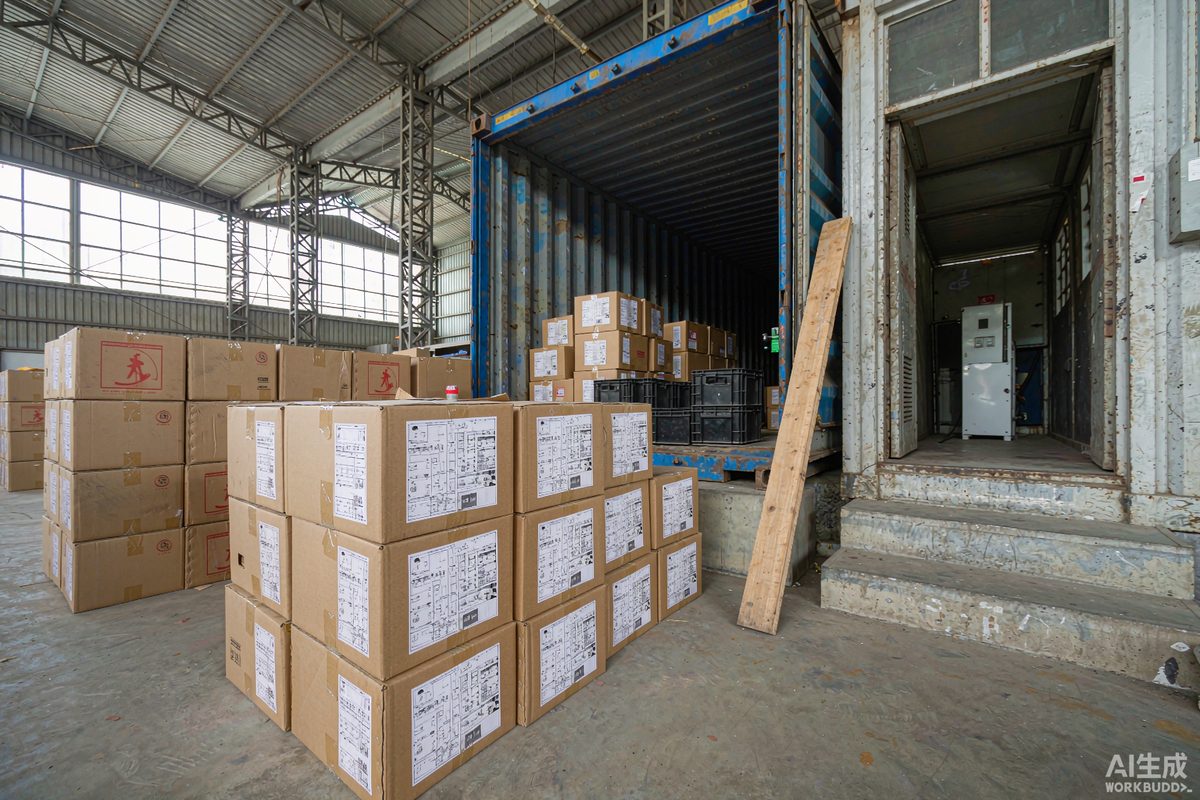 Cartons of common wire nails beside shipping containers at the WANSUN export warehouse