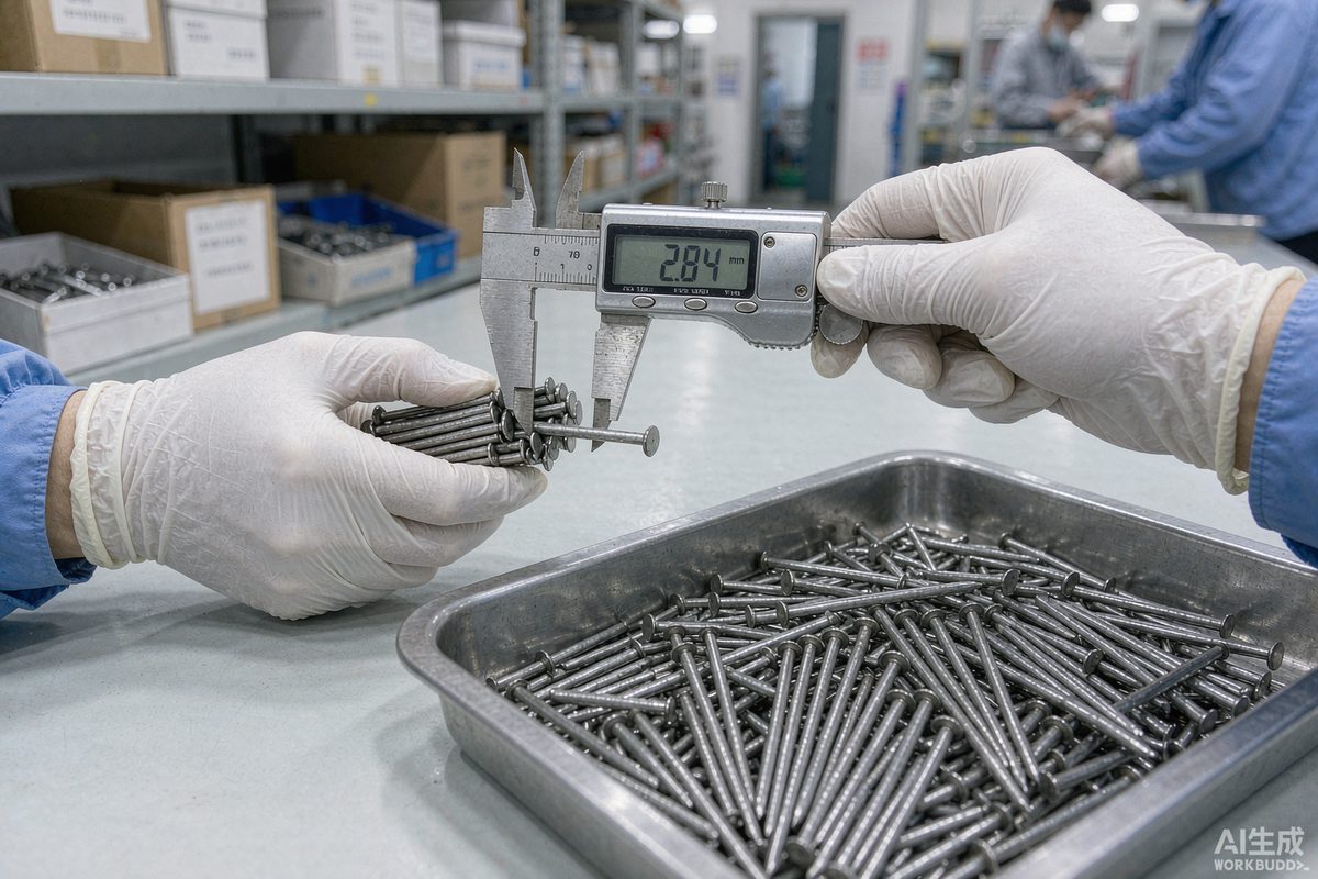 Inspector measuring common wire nails with calipers during QC