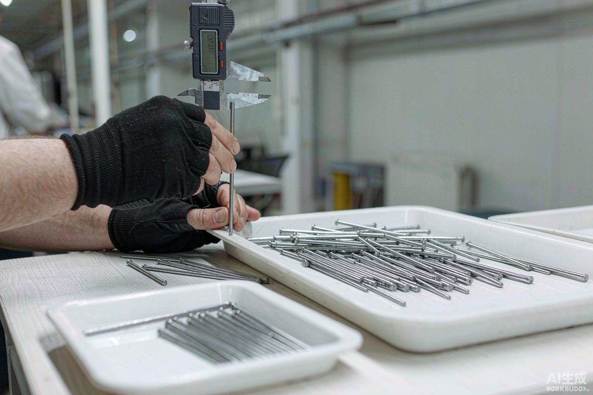 Quality inspector measuring construction nail diameter with digital calipers
