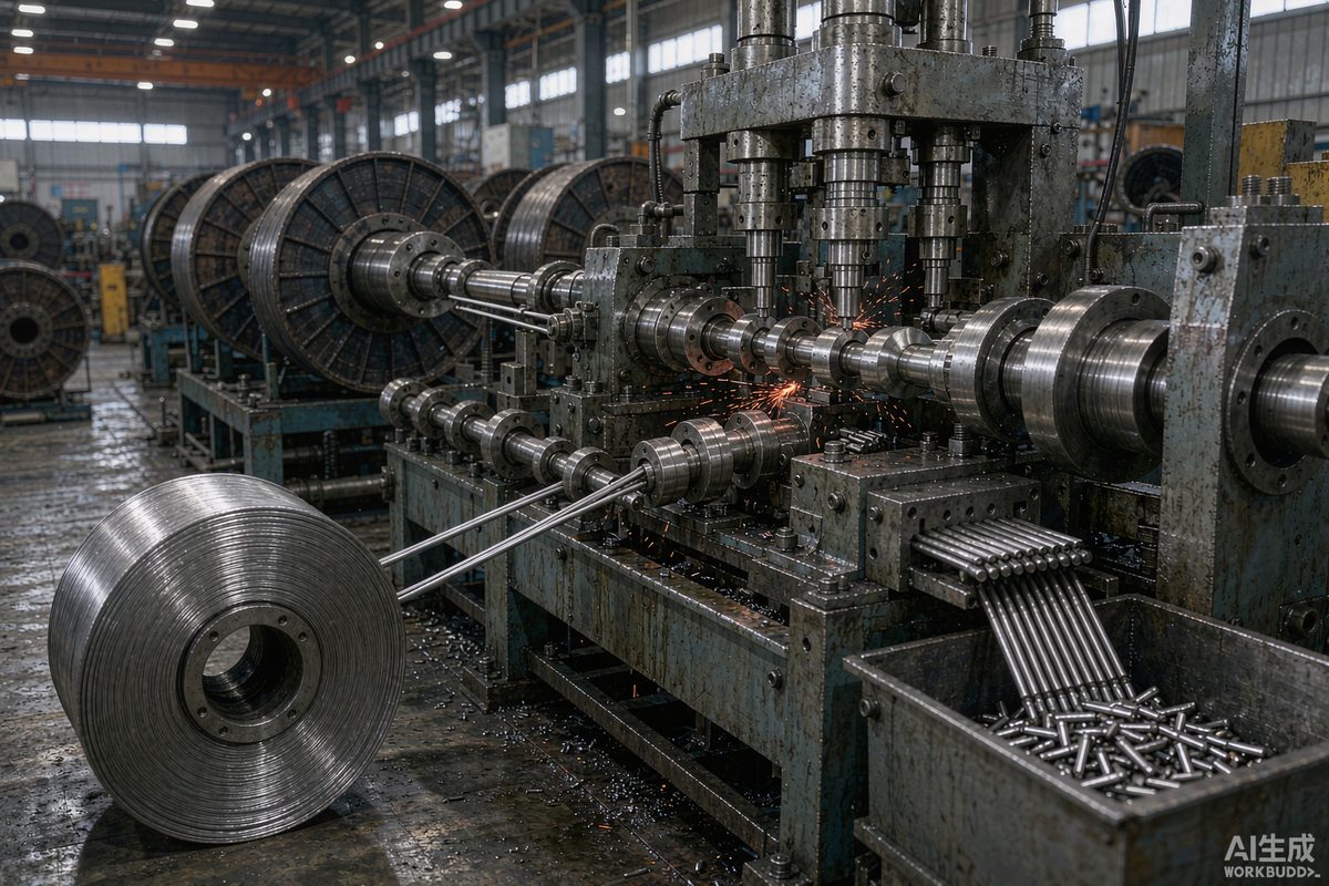 Automated nail machine cutting steel wire and forming nail heads during production