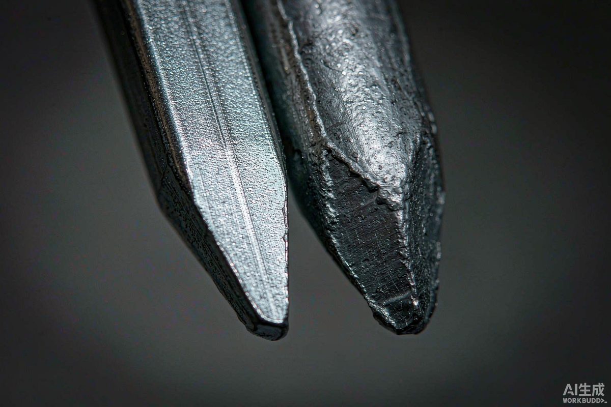 Close-up comparing thin EG coating and thick HDG coating on nails