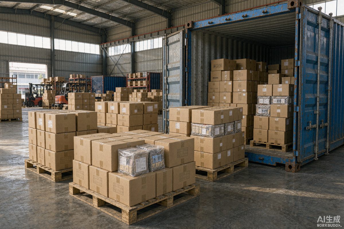 Cartons of galvanized nails beside shipping containers at the WANSUN export warehouse