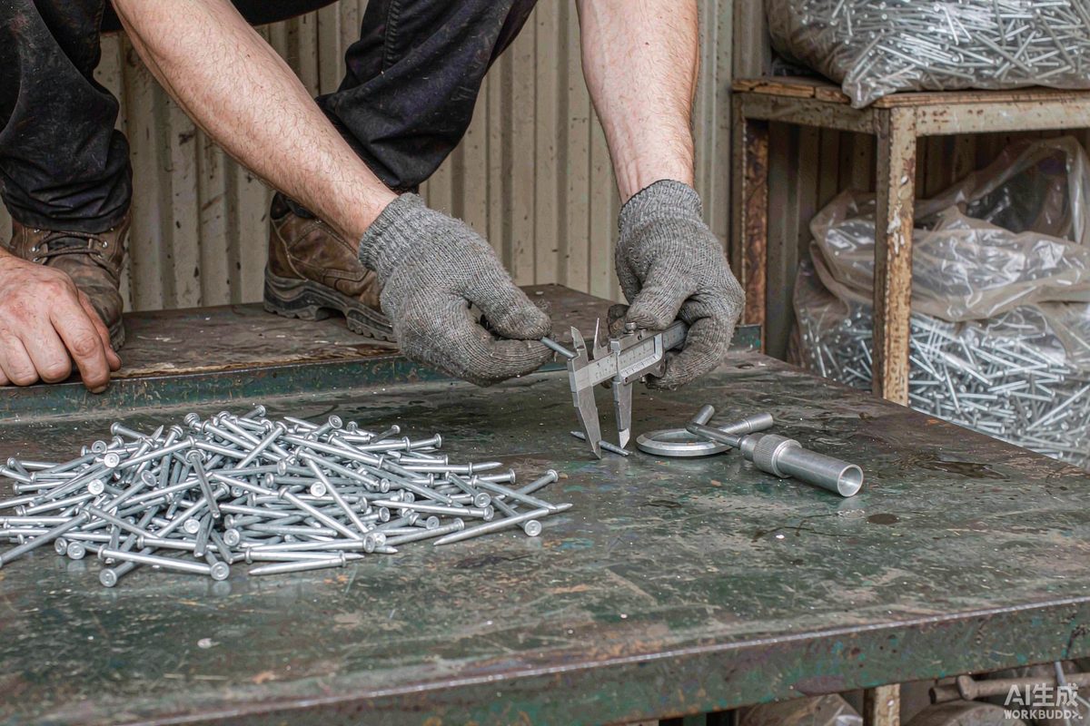 Inspector checking galvanized nail coating with calipers and gauge