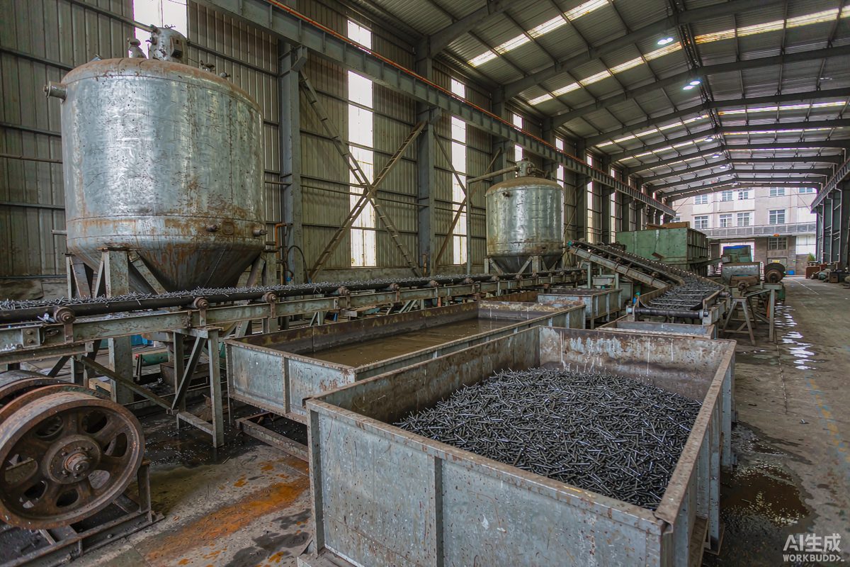 Automated line applying zinc coating to steel nails during galvanizing