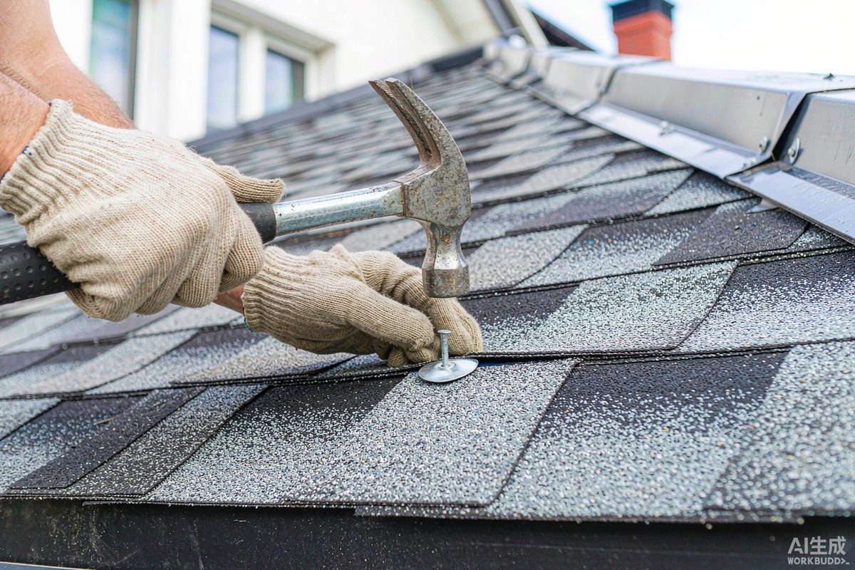 Roofing nails being driven into asphalt shingles on a construction site