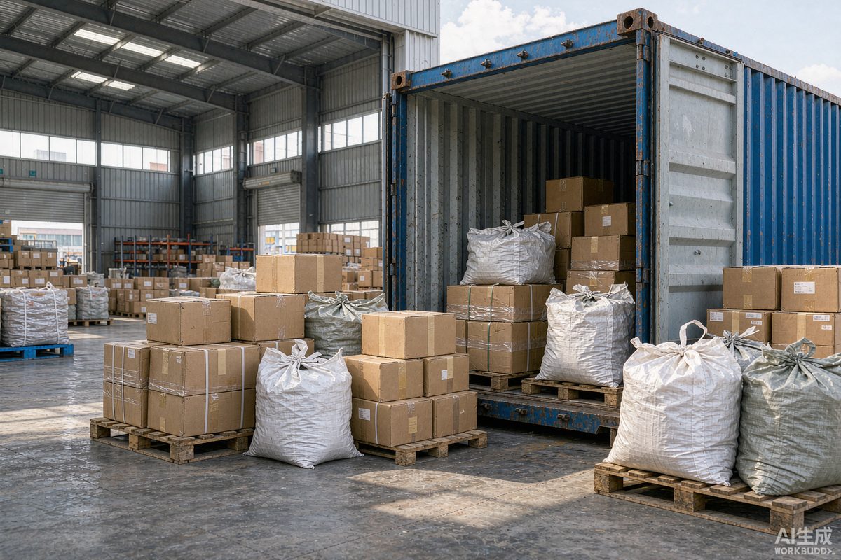 Cartons of nails staged beside shipping containers at the WANSUN export warehouse