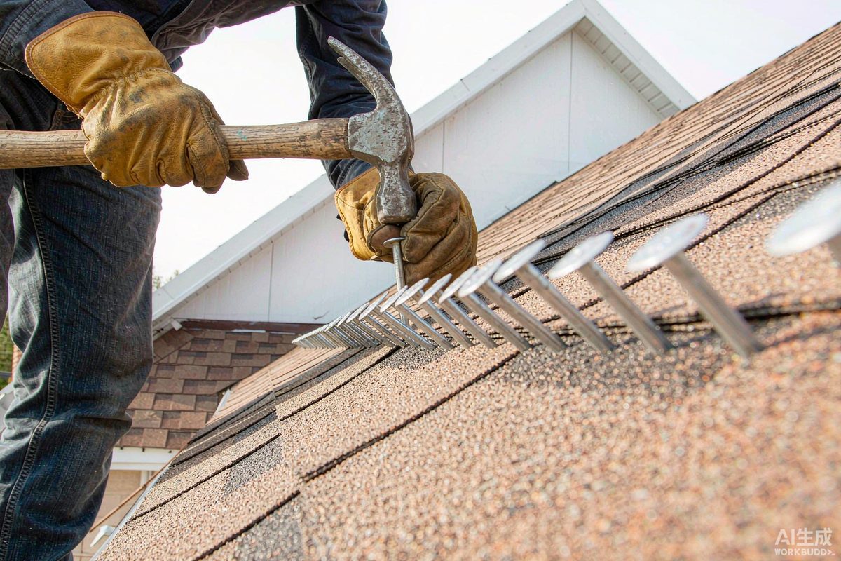 Galvanized roofing nails with wide heads installed along asphalt shingles