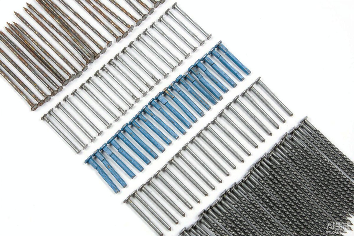Flat lay of common, box, roofing, concrete and duplex nails labeled by type